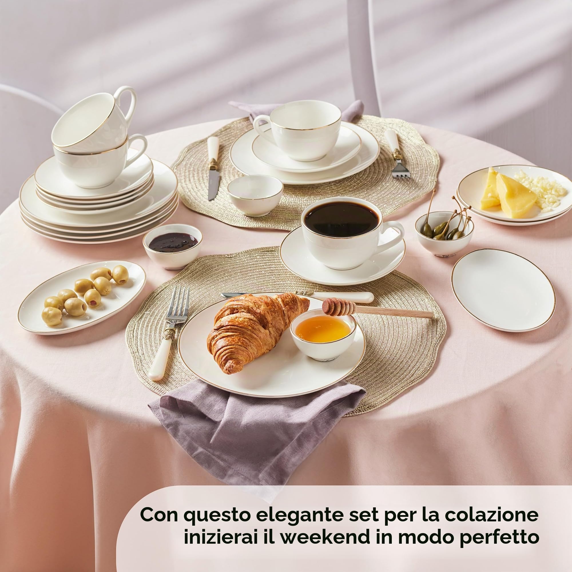 Karaca Marcelo Gold - Set da colazione per 6 persone, set da 26 pezzi con piatti e ciotole, set di stoviglie rotonde e set da tavola in oro bianco