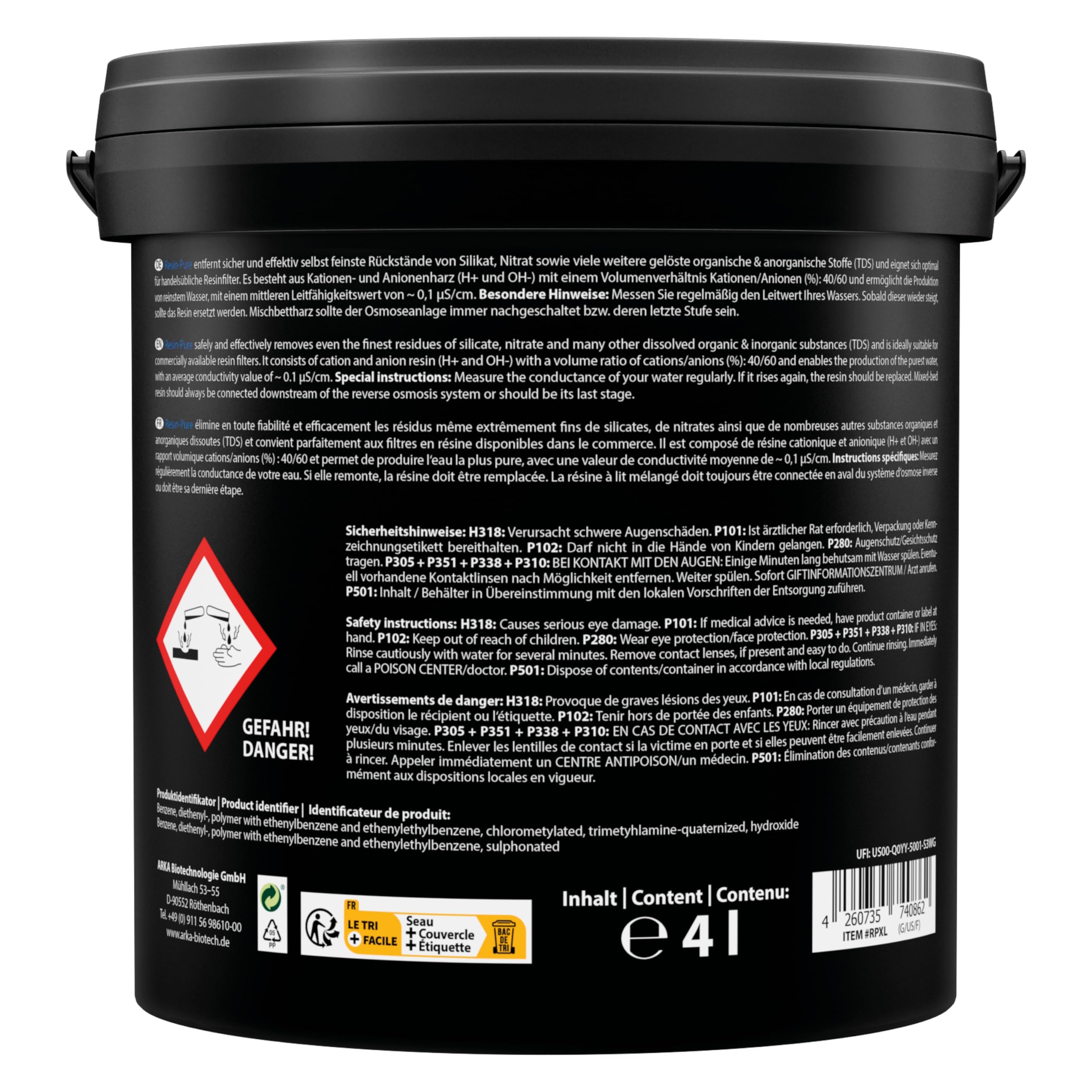 Vollentsalzer Harz 4 L – Mischbettharz für Osmoseanlagen, Resinfilter & Reinstwasser – gegen TDS, Silikat, Nitrat & Phosphat – für Meerwasser- und Süßwasseraquarien – ARKA Resin-Pure