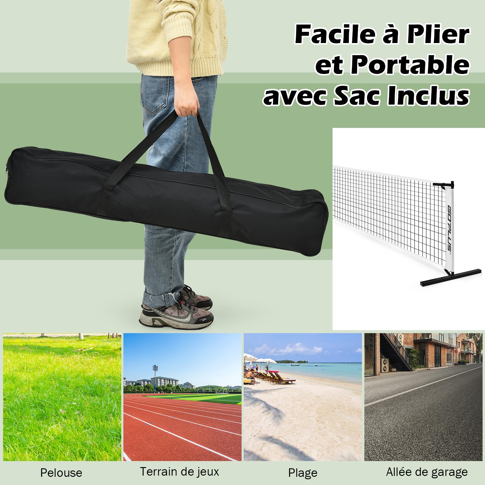 GOPLUS Filet de Pickleball Portable 670cm, Système de Filet de Taille Officielle, Tuyaux Métalliques&Filet en Polyester avec Sac de Transport en Oxford, Réglage Rapide, pour Intérieur Extérieur