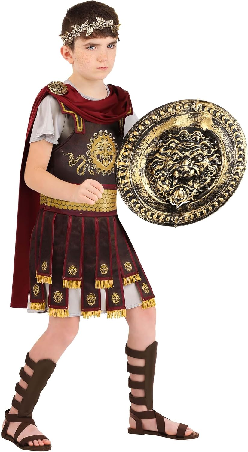 Roman Warrior Costume for Kids, Boy's Gold Adorned Brown Tunic with Red Cape and Leaf Circlet