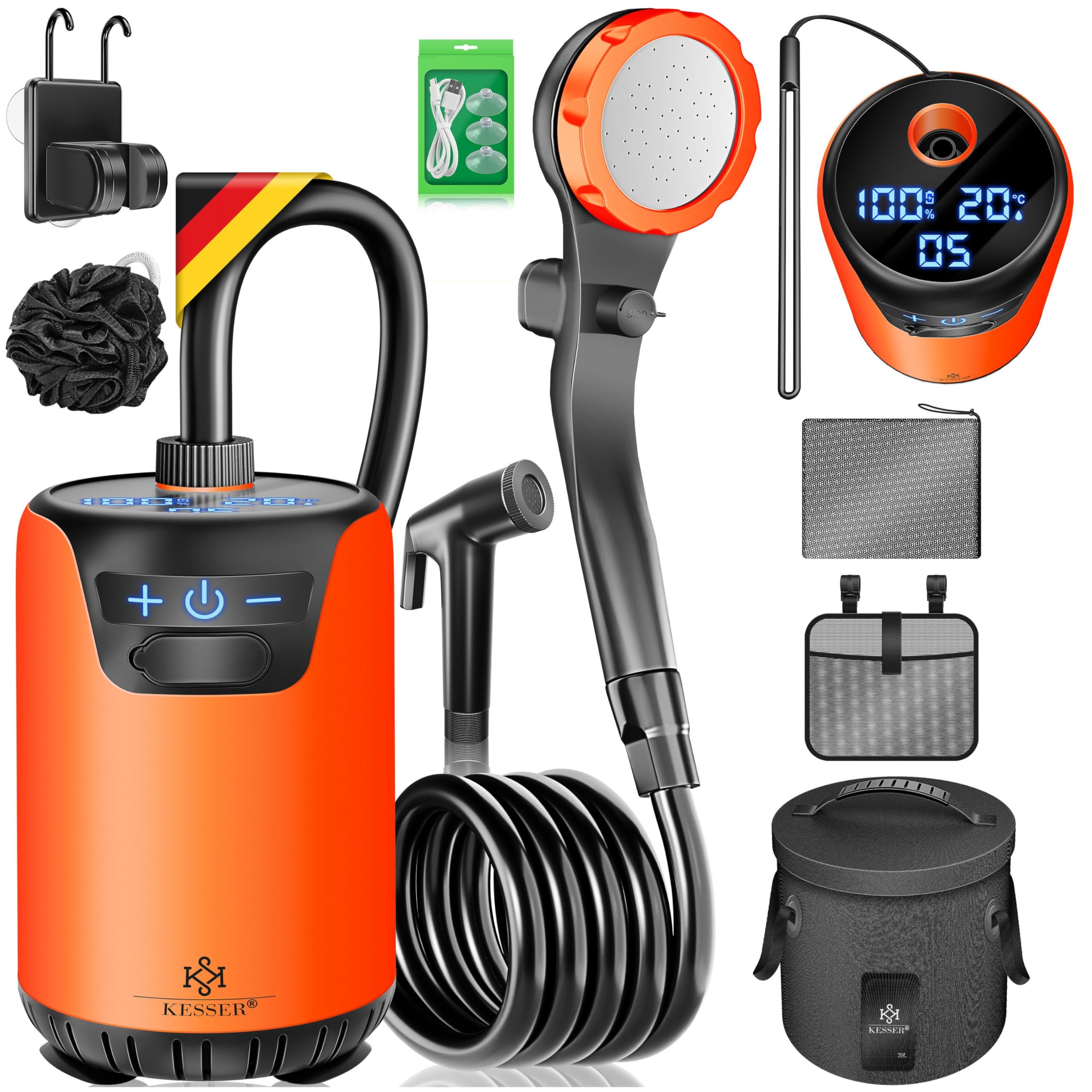 KESSER® Campingdusche Solardusche mit Pumpe & wiederaufladbarem Akku 8000mAh Mobile Dusche | Camping Dusche Set inkl. einstellbarem Duschkopf, 2m Schlauch, Sprühpistole & Halterung