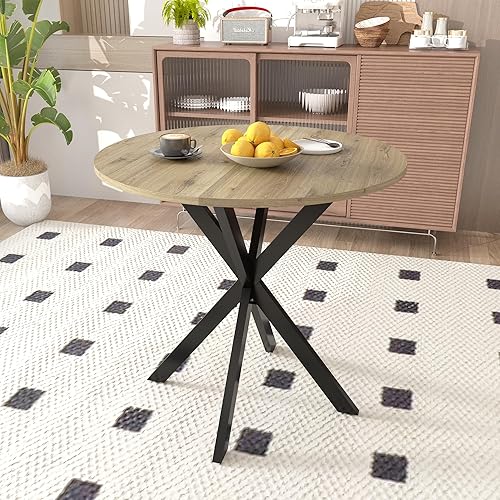 Vista 7 de 31.5 Inch Round Dining Table, Small Circle Kitchen Table with Metal Black Legs for 2 4 People,Dining Room Table, Brown (only Table) EO124