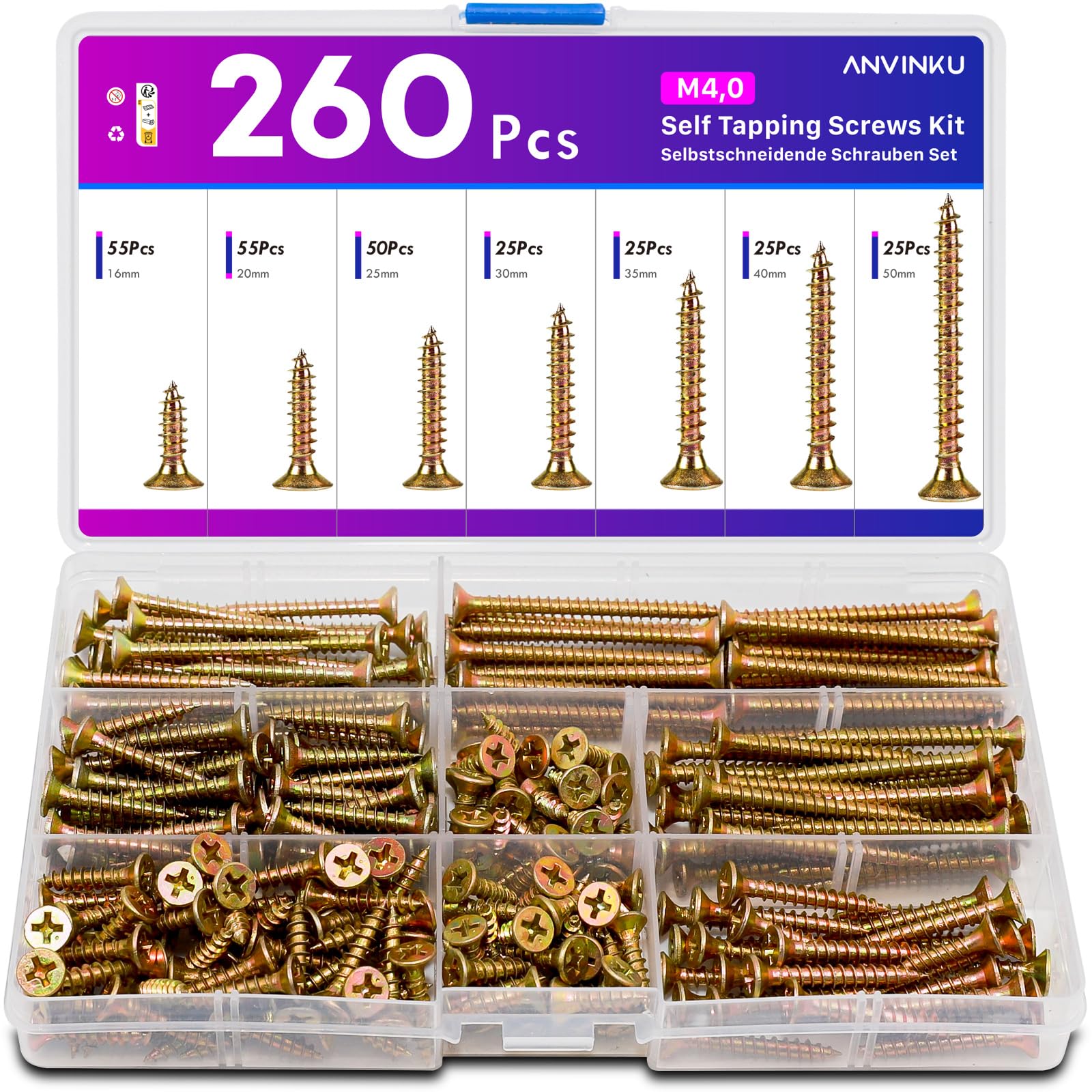 260PCS Screws for Wood, M4 Wood Screws Assortment, Color Zinc Self Tapping Screw, Countersunk Screw Set for Furniture Repairs