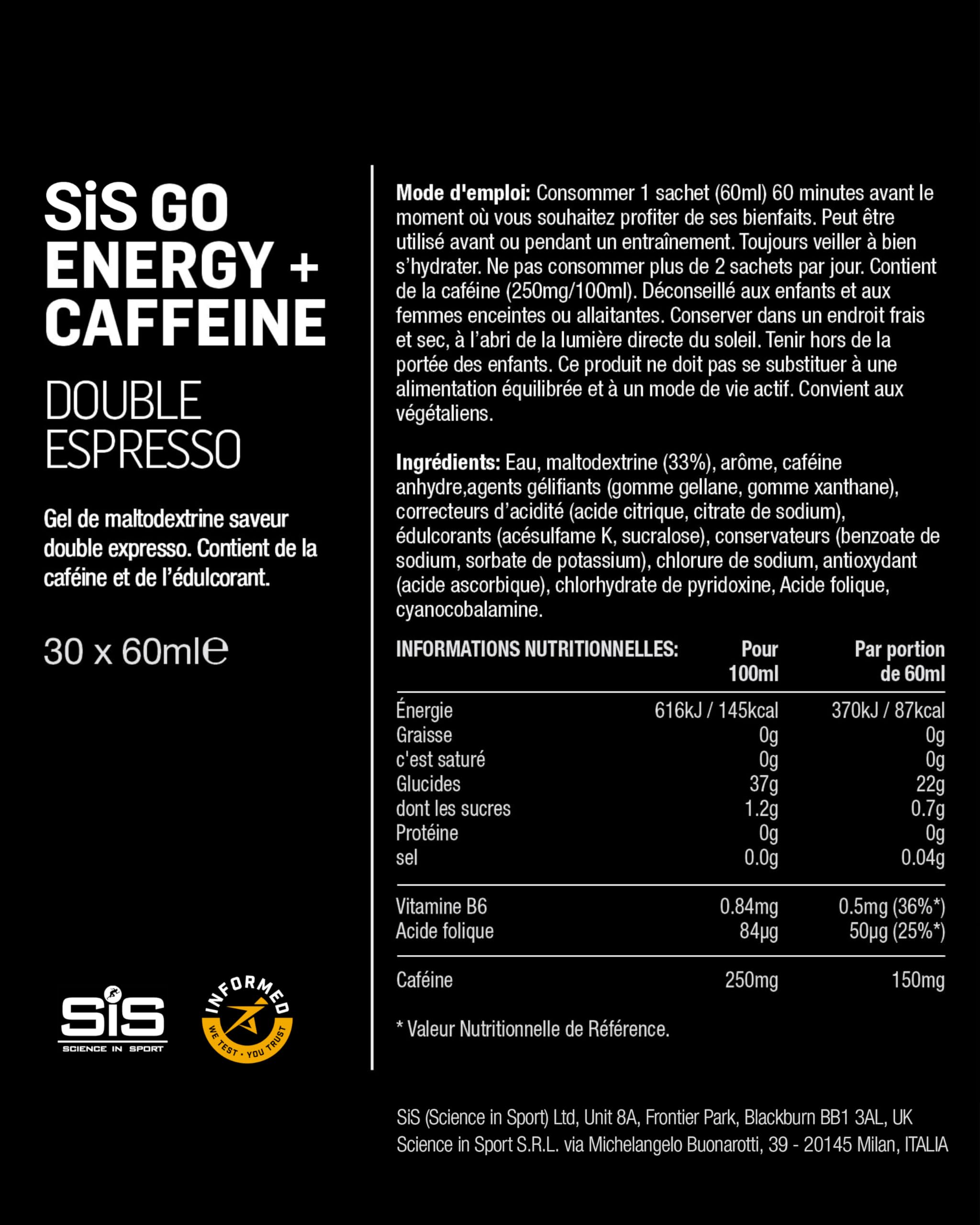 Science In Sport GO Isotonic Energy Gels, Gels de Course avec 22 g de Glucides, Faible en Sucre, Saveur Double Espresso, 60ml (30 Packs)