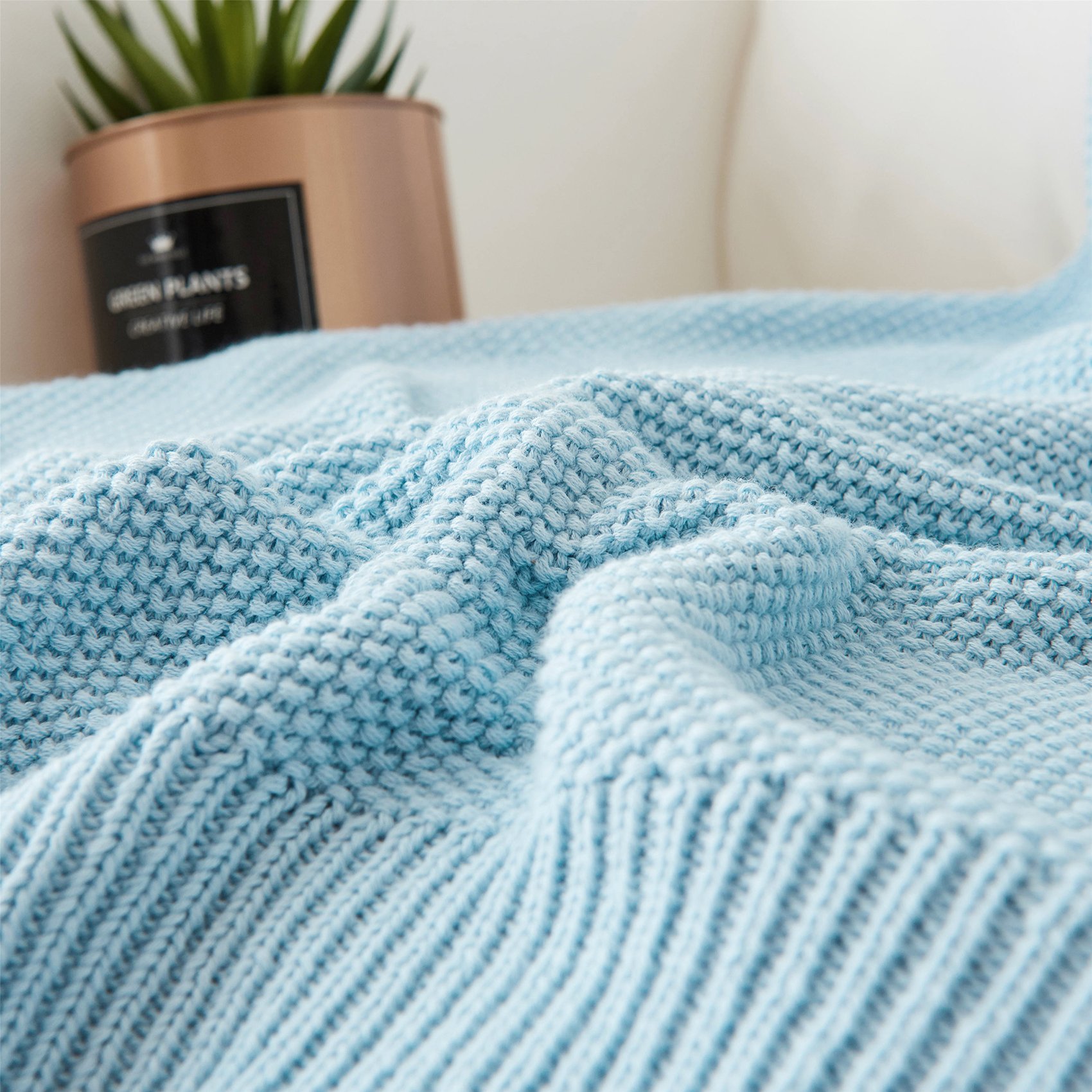 Longhui bedding 100% Cotton Light Blue Cable Knit Throw Blanket for Couch Sofa Bed Home Décor, Lightweight 50“ x 60” - Image 3