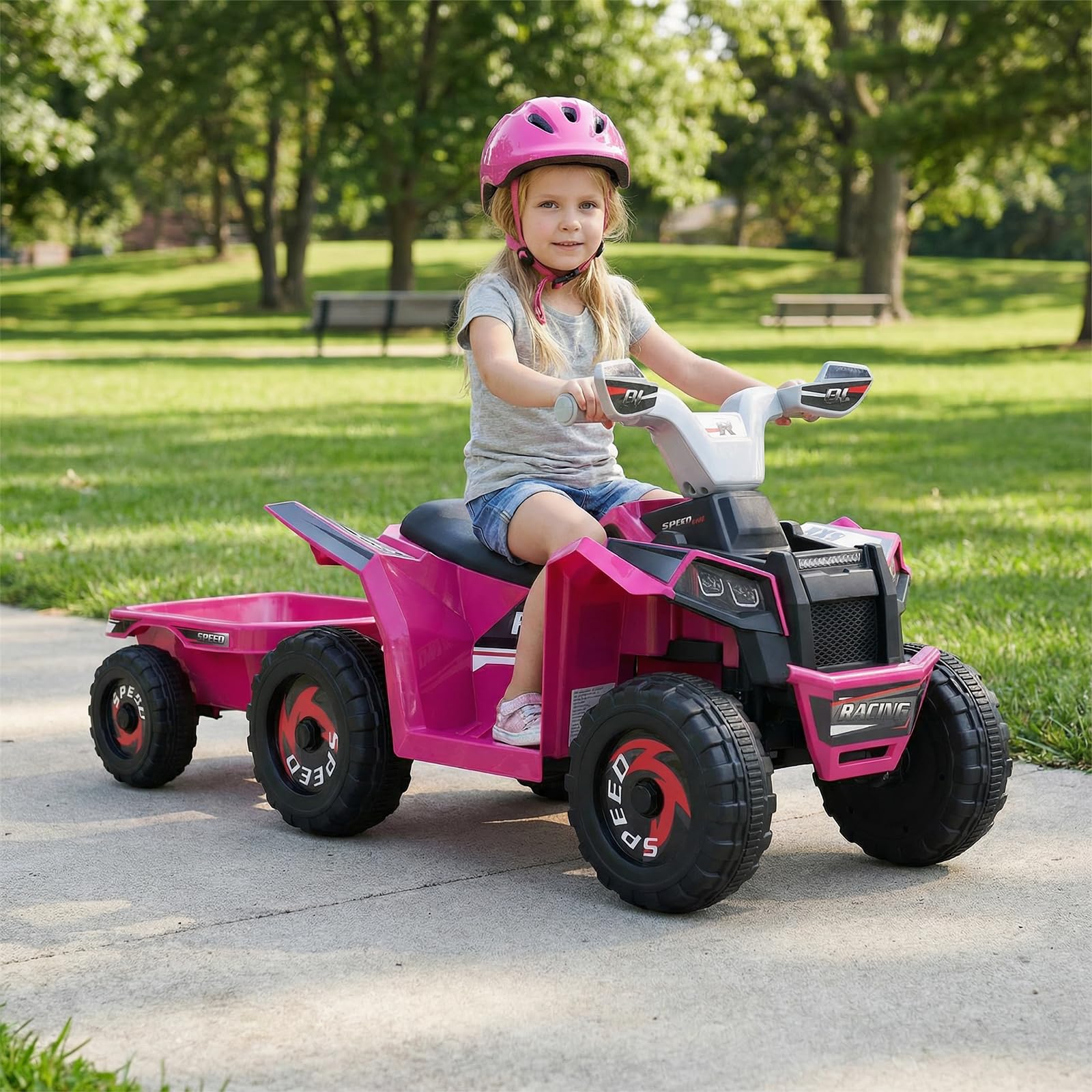 COSTWAY 6V Elektro Kinder Quad, Kinderquad mit abnehmbarem Anhänger, 2-3 km/h, Elektroquad mit Scheinwerfer, Vorwärts-& Rückwärtsfunktion, Mini Elektroauto ATV für Jungen & Mädchen ab 3 Jahren (Rosa)
