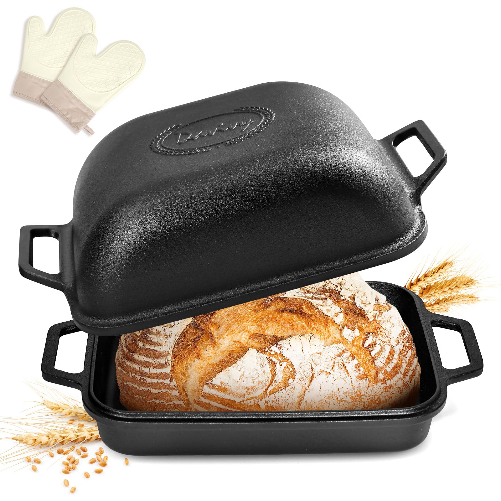 Davivy 9qt Vorgebrannter Dutch Oven für Sauerteigbrot mit Deckel, antihaftbeschichtete Gusseisen-Sauerteig-Brotlaib-Backform mit Deckel, große Kapazität, vorgebrannte Gusseisen-Kastenform