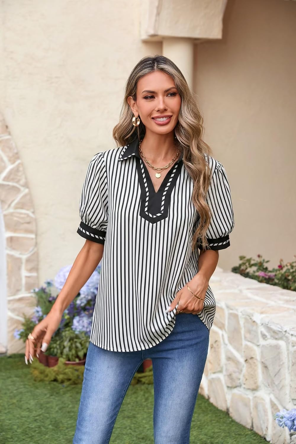 VICHYIE Womens Summer Puff Sleeve Dressy Office Blouses Striped Color Block Work Tops - Image 2