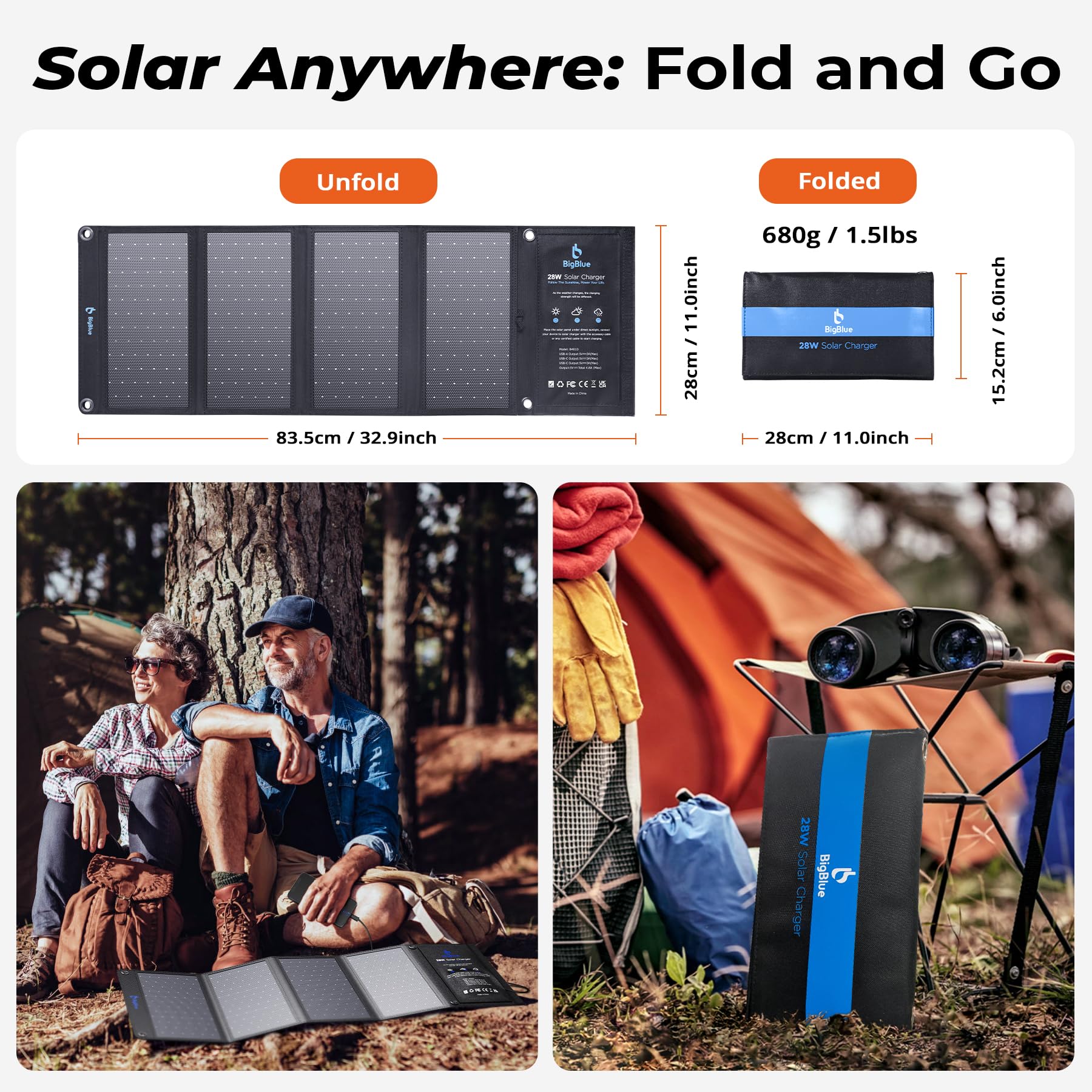 BigBlue 28W Caricatore Solare Portatile 2 USB C + 1 USB A (5V/4,8A Max Total) Pannelli Solari IP44 Impermeabile Pieghevole per attività all'Aperto - per iPhone GoPro iPad Samsung Huawei Xiaomi e Altri