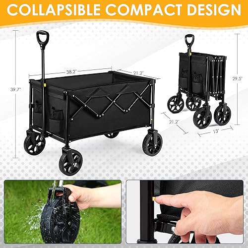 Miniatura 6 de Carro plegable resistente, grande, plegable, con 2 soportes para bebidas, carrito de jardín utilitario para exteriores, playa, compras, comestibles,