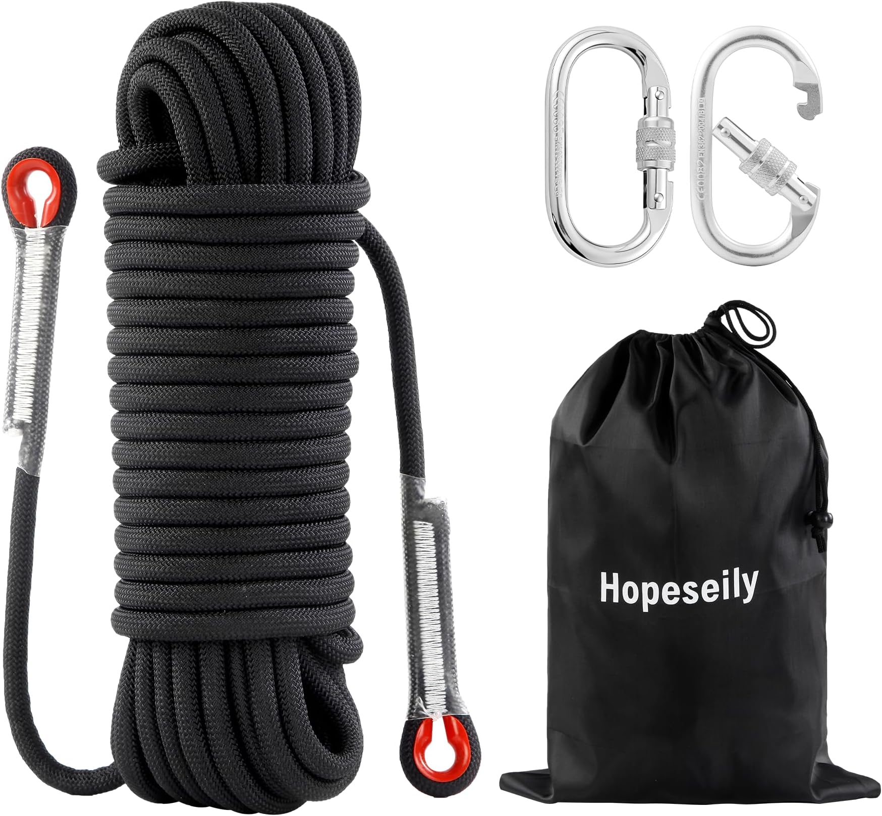 Static Rock Climbing Rope, 10mm x 64FT Arborist Rope with 2 Heavy Duty Carabiners, Rappelling Rope for Outdoor Hiking Camping Tree Work Caving Fire Rescue Safety Escape Parachute