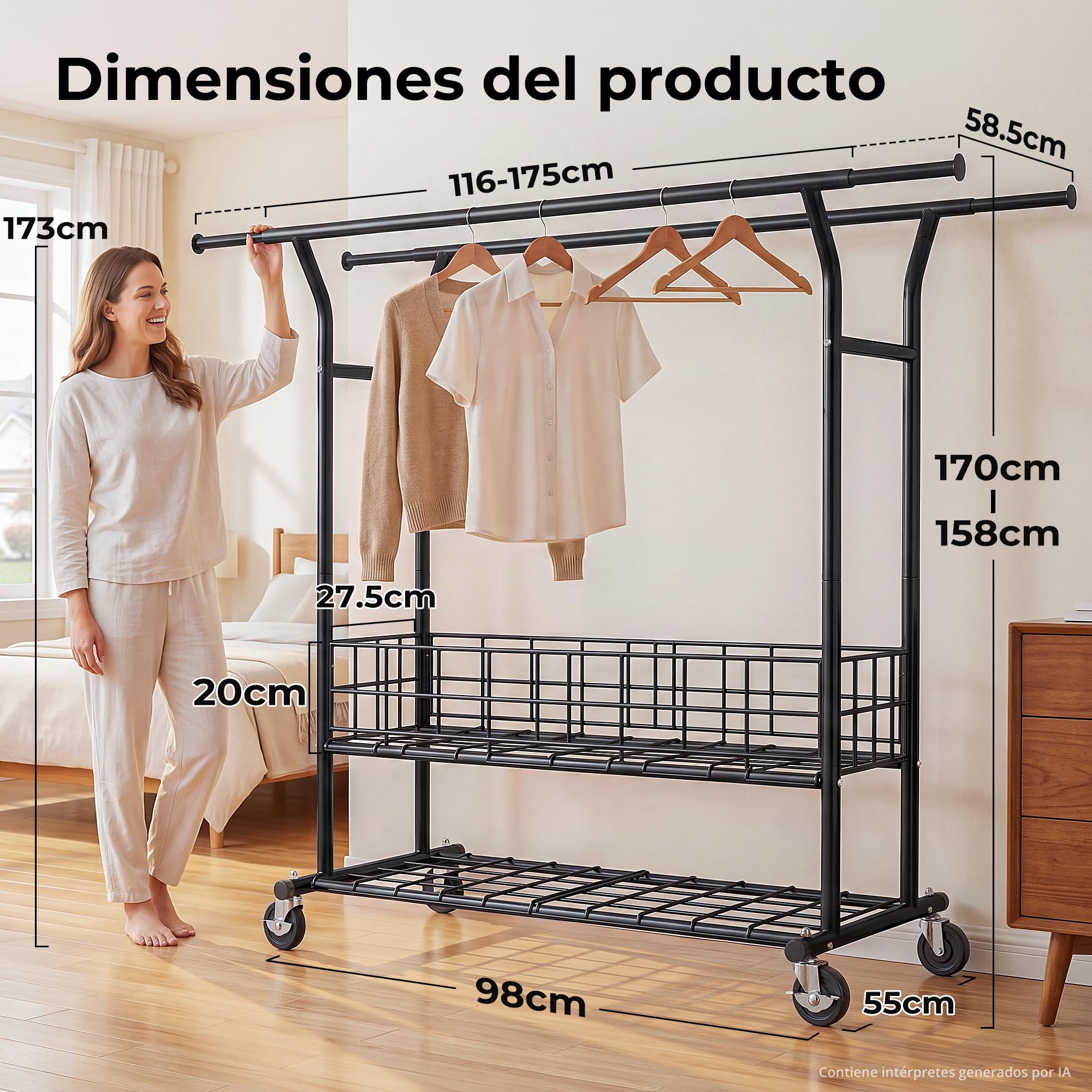 HOKEEPER Burro de Ropa Resistente de Doble Barra, 283kg, con Cesta de Malla y Estante, Extensible - Ideal para Dormitorio, Boutique, Lavandería, Negro | Barra para colgar ropa resistente con 4 ruedas, 2 bloqueos, fácil montaje, larga duración, doble barra
