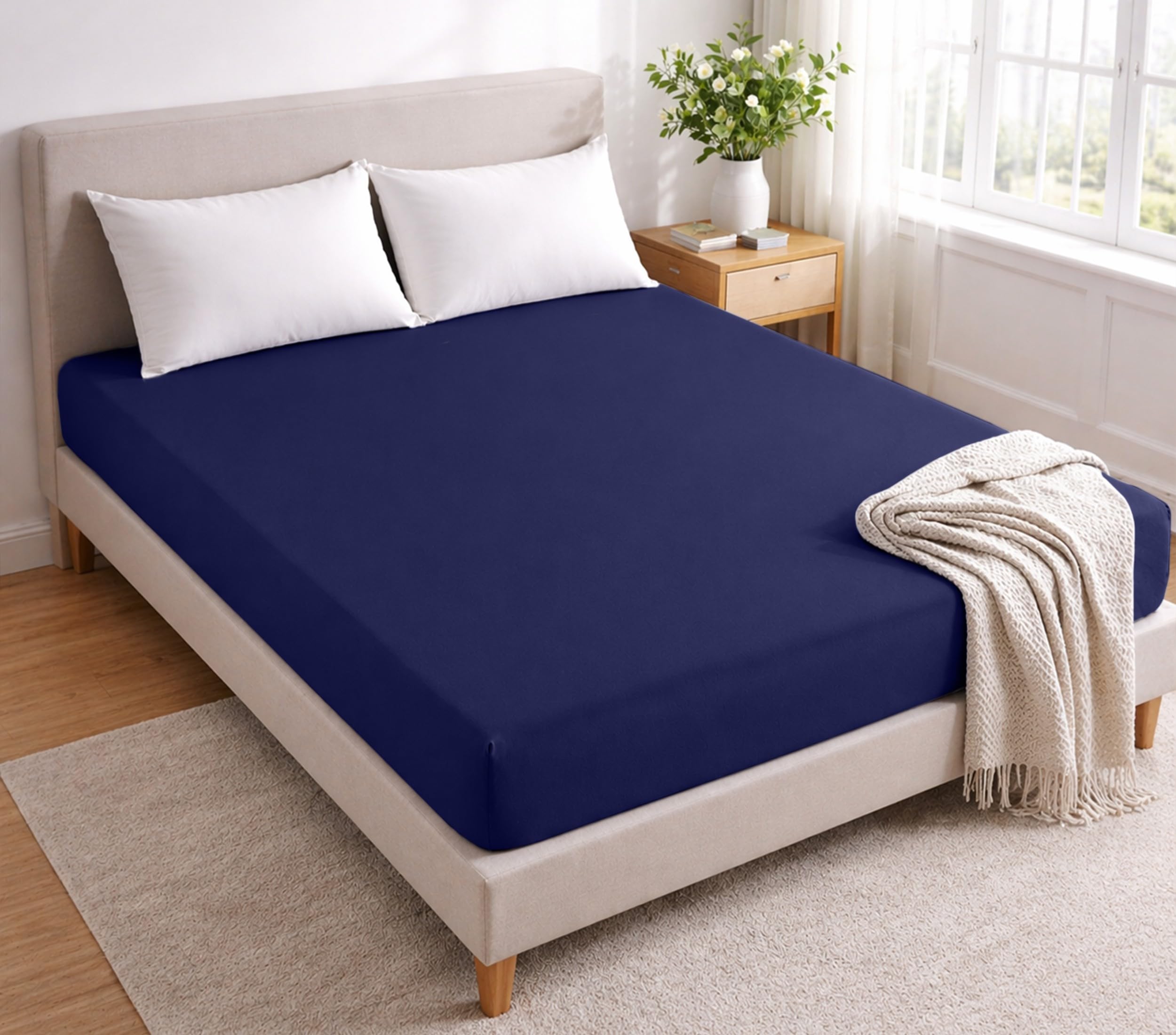 Double Fitted Sheet Extra Deep Fit 40 cm (16 Inches) Brushed Microfiber Navy Fitted Bed Sheets Double (135x190cm) Hypoallergenic Ultra Soft Bottom Sheet - Fade & Wrinkle Resistant