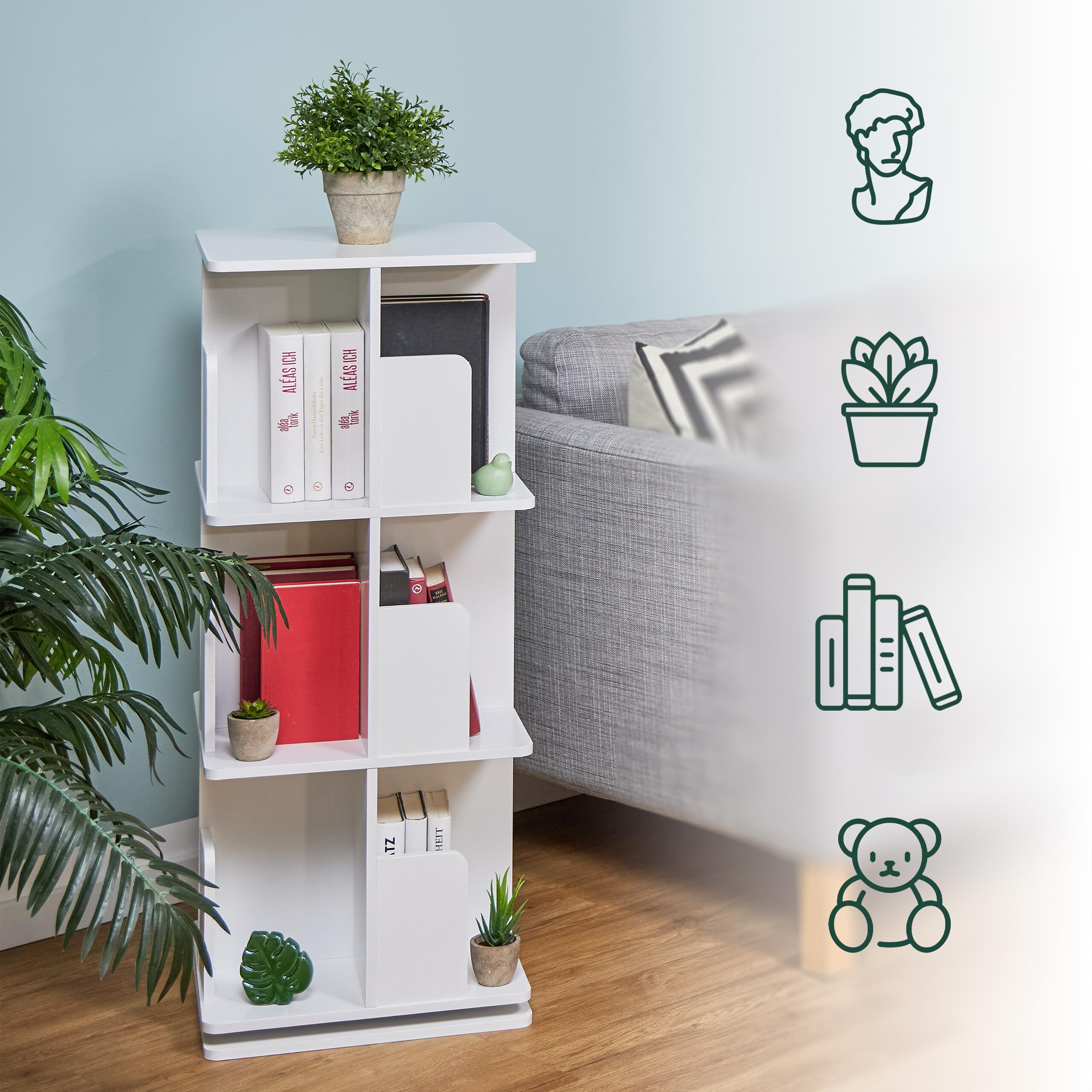 Relaxdays Bibliothèque Rotative 360° 3 Niveaux - Meuble Rangement Livres Et CD - H95x39x39cm Nature