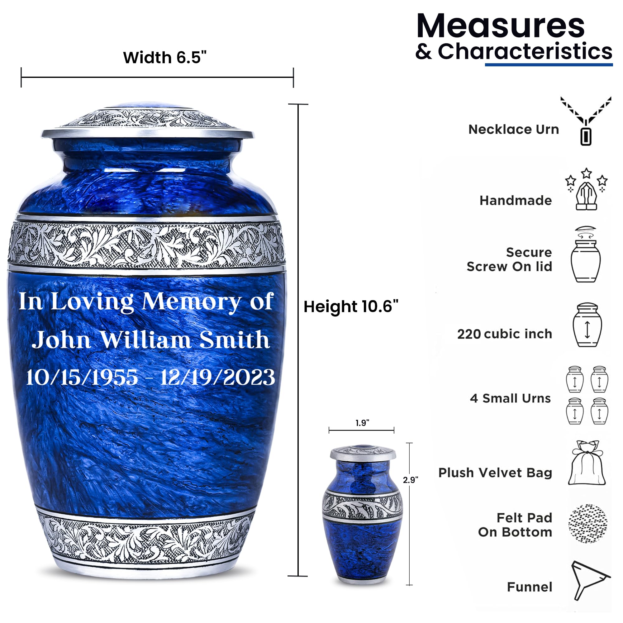 LIFAG Set of 6 Funeral & Cremation Custom Urns for Human Ashes Adult Man & Woman with 1 Large Blue Urn for Ashes Adult Male, 4 Matching Small Urn for Ashes for Women & Necklace for Ashes of Loved One