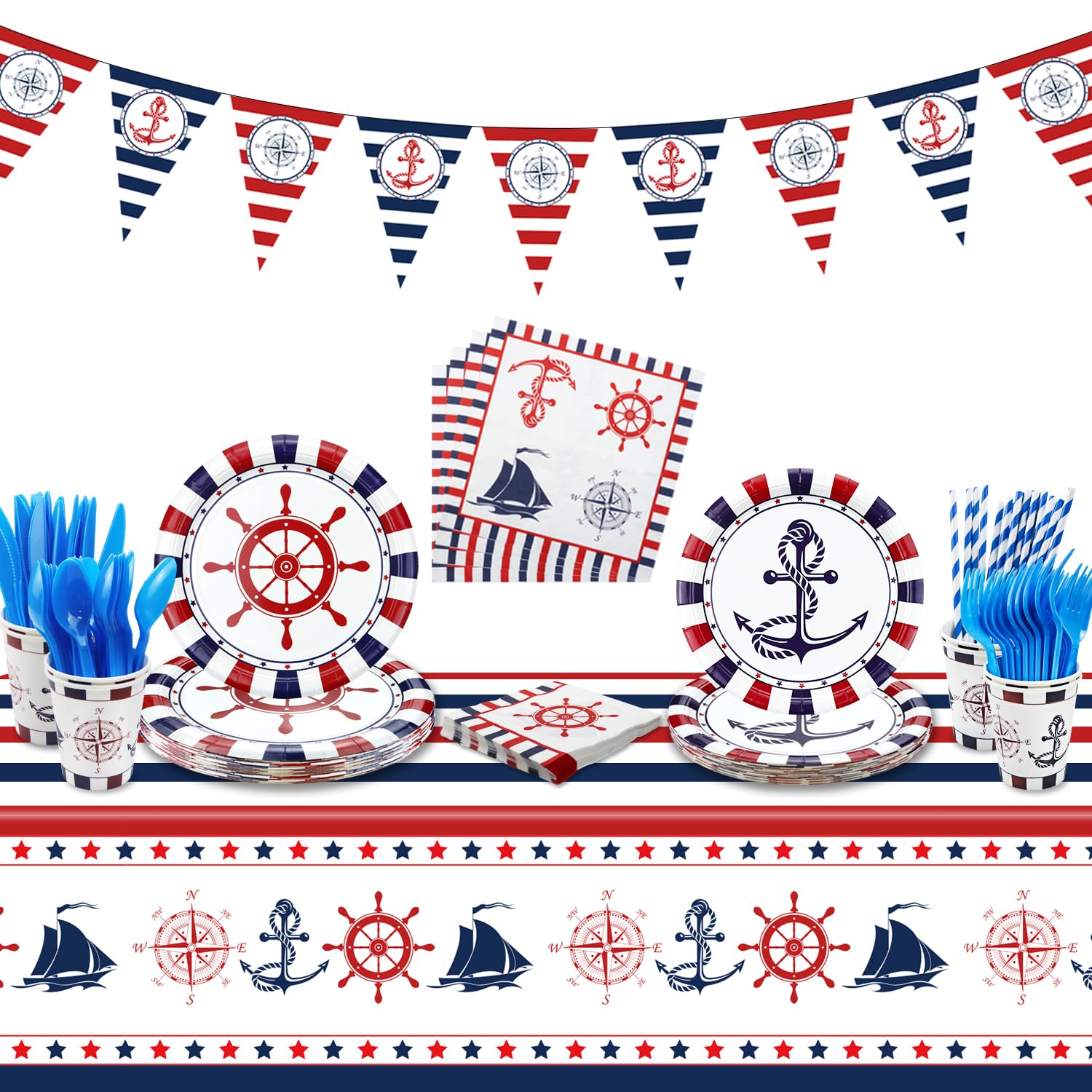 Nautical Party Decorations, Anckor Theme Birthday Supplies Sailor Tableware Nautical Party Plates Napkins for Nautical Theme Baby Shower Decorations,