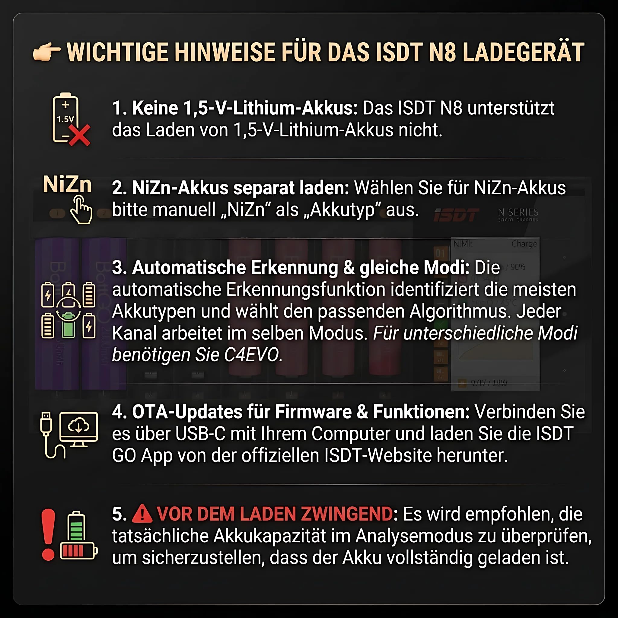 ISDT N8 AA/AAA 8-Steckplatz-Smart-Akkuladegerät mit Analyse-/Entladefunktion LCD-Anzeige NiMH NiCd NiZn LiIon LiHV Eneloop
