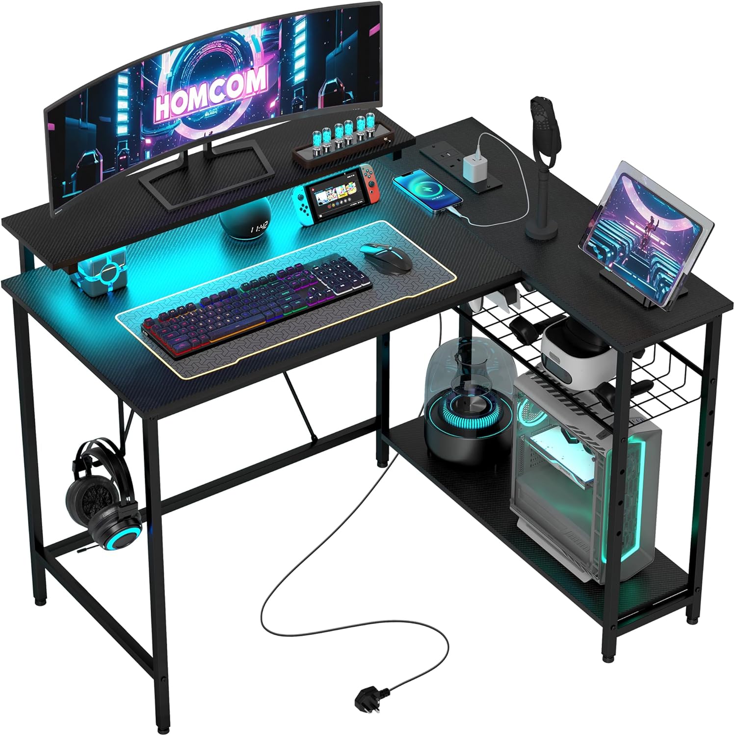 HOMCOM L Shaped Gaming Desk with LED Lights, Power Outlet, USB Charging ...