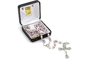 Catholic Silver Genuine Swarovski Rosary Beads with Light Pink Pearl Design Accents...