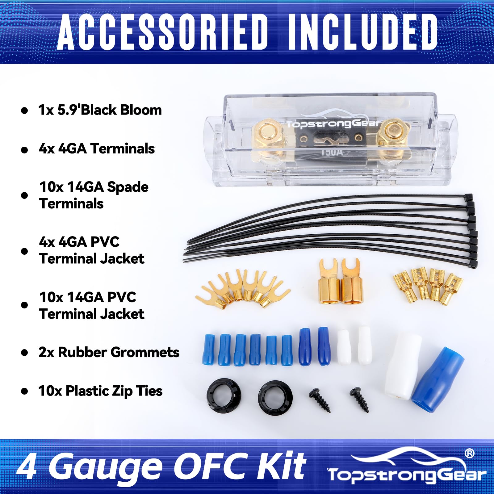 TOPSTRONGGEAR Kit amplificatore OFC da 4 gauge, kit di installazione per amplificatore audio per auto, con cavi RCA, fusibile 150 A, cavo di alimentazione da 4 m, kit di installazione completo per
