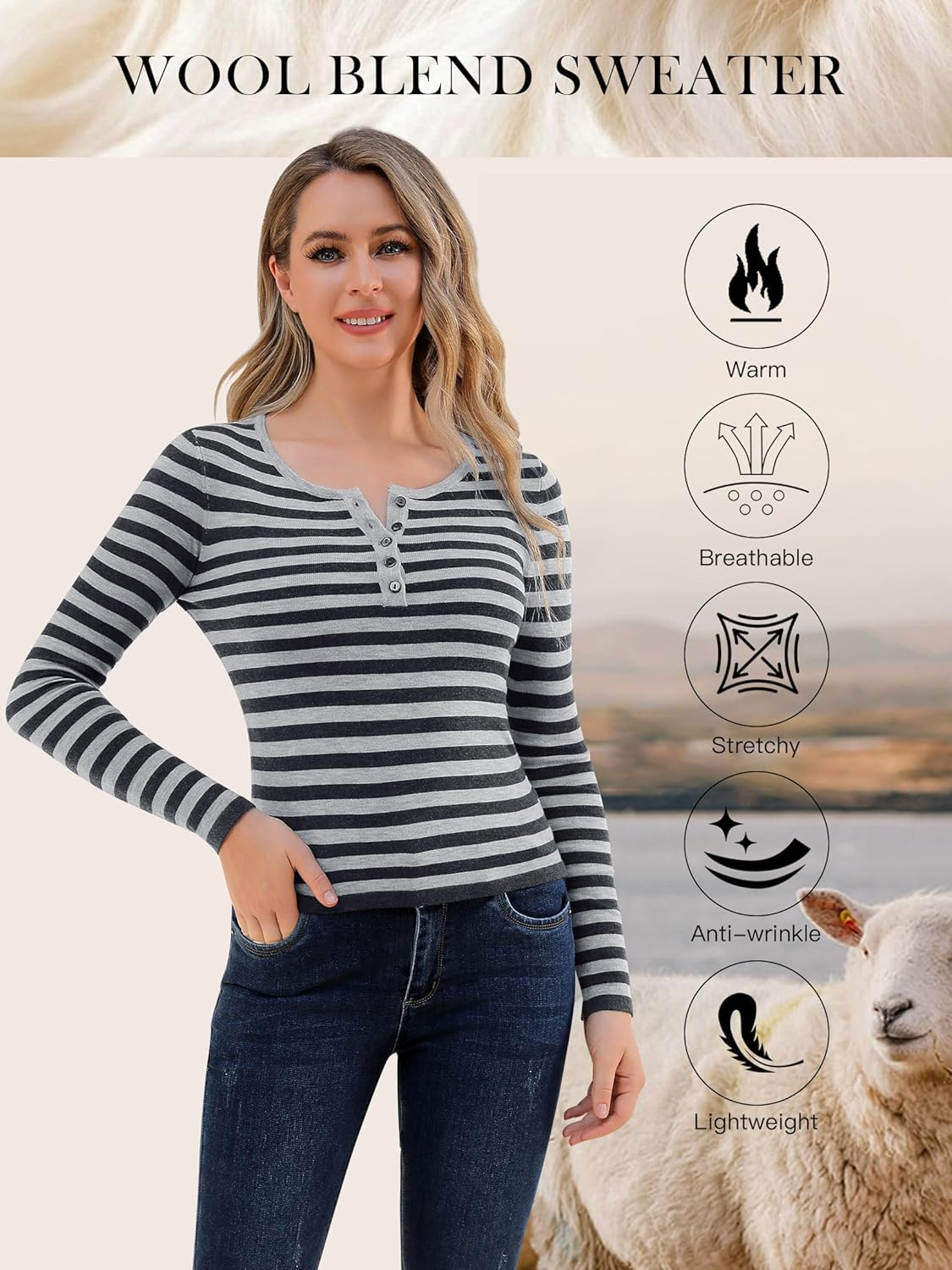 Womens Lightweight Striped Sweater Long Sleeve Round Neck Button Down Henley Knit Pullover Tops Slim Fit Layers - Image 4