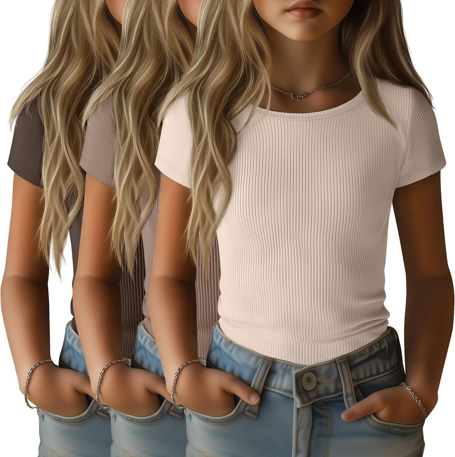 3 Pack Girls Short Sleeve Shirts Ribbed Knit Cotton Slim Fit T Shirts Basic Boat Ne...