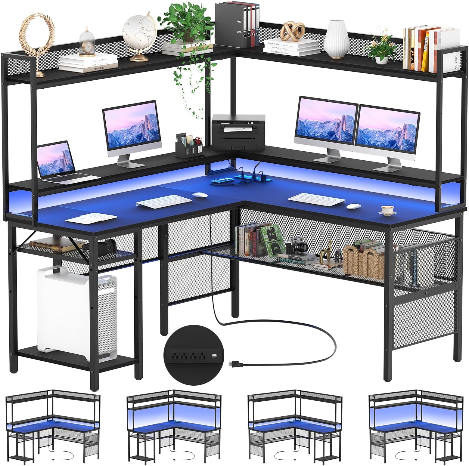 Unikito L Shaped Desk with Power Outlet, Reversible L-Shaped Computer Desk with Storage Shelves & Monitor Stand, Gaming Desk with Led Light, Black