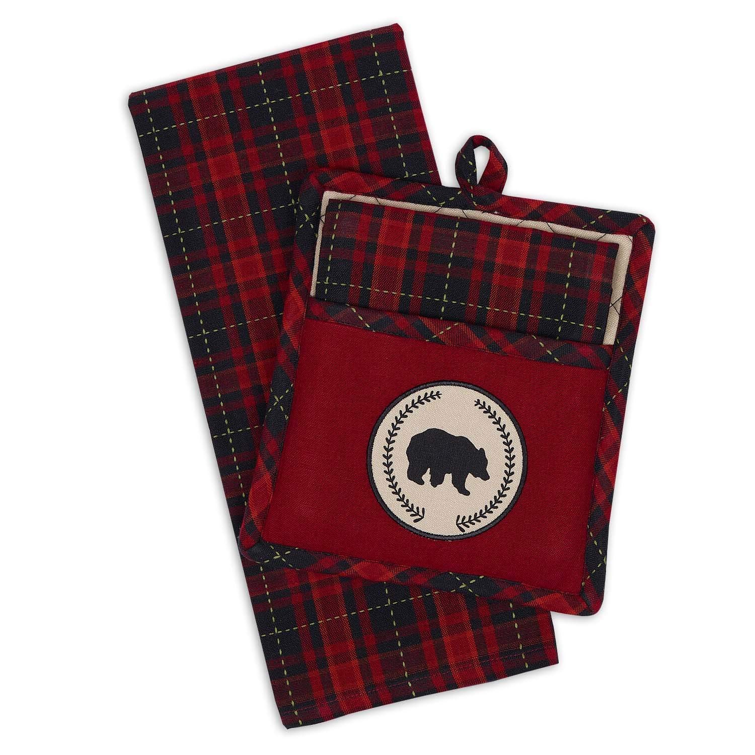 Design Imports DII Bear Woods Topflappen-Geschenk-Set, 20,3 x 22,9 cm große Fächer, 18 x 28 cm, Geschirrtuch, Rot, Schwarz, Beige