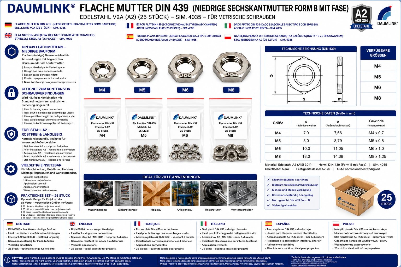 Dado basso DIN 439 – Dado esagonale sottile forma B con smusso | Acciaio inox A2 (V2A) | Fissaggio compatto e preciso | 25 pezzi – varie misure (M6)