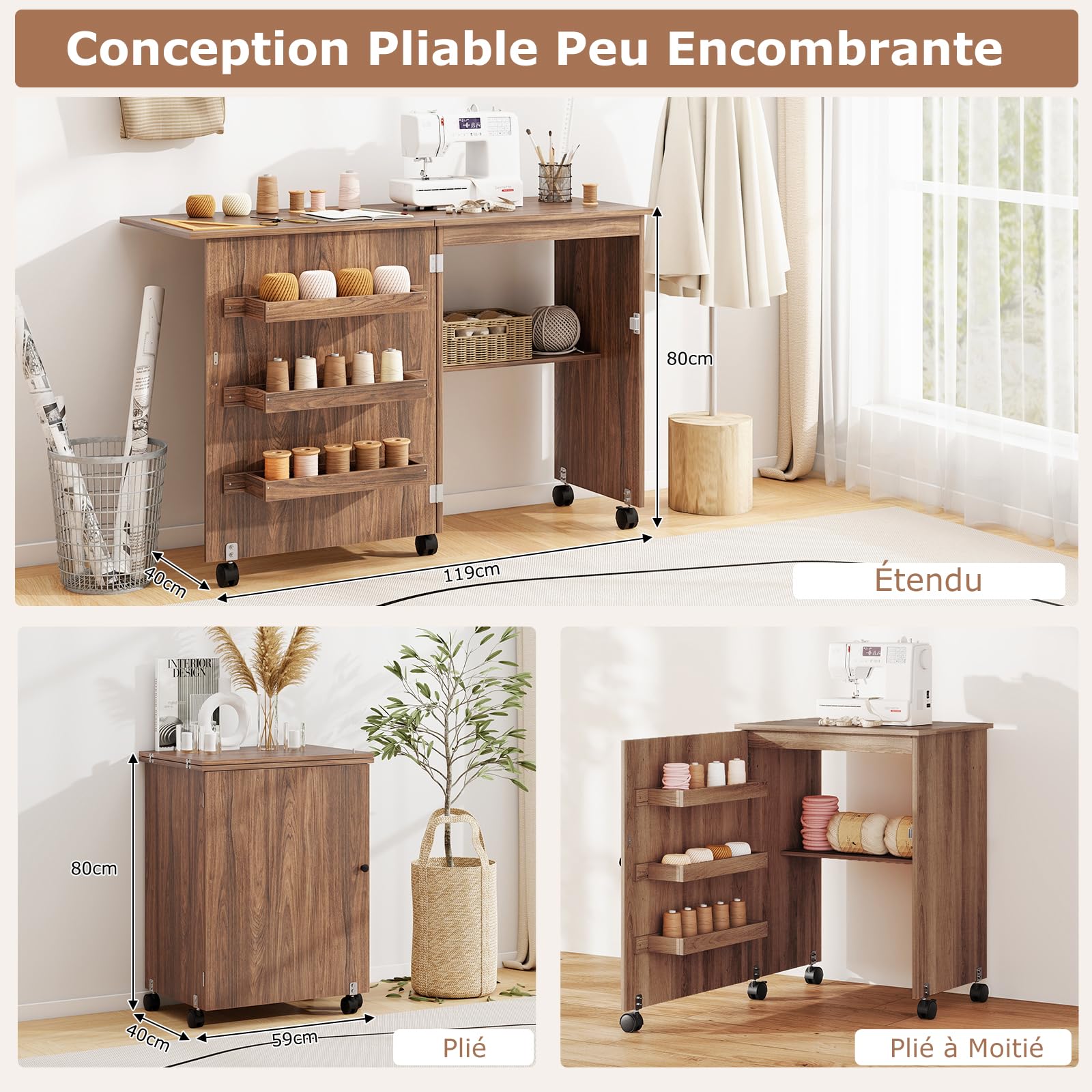 GIANTEX Table Couture Pliante, Meuble Machine à Coudre avec 4 Étagères pour Travaux Manuels, 5 roulettes, Armoire Couture avec Rangement pour Petits Espaces (118,5 x 40 x 79,5 cm, Marron)