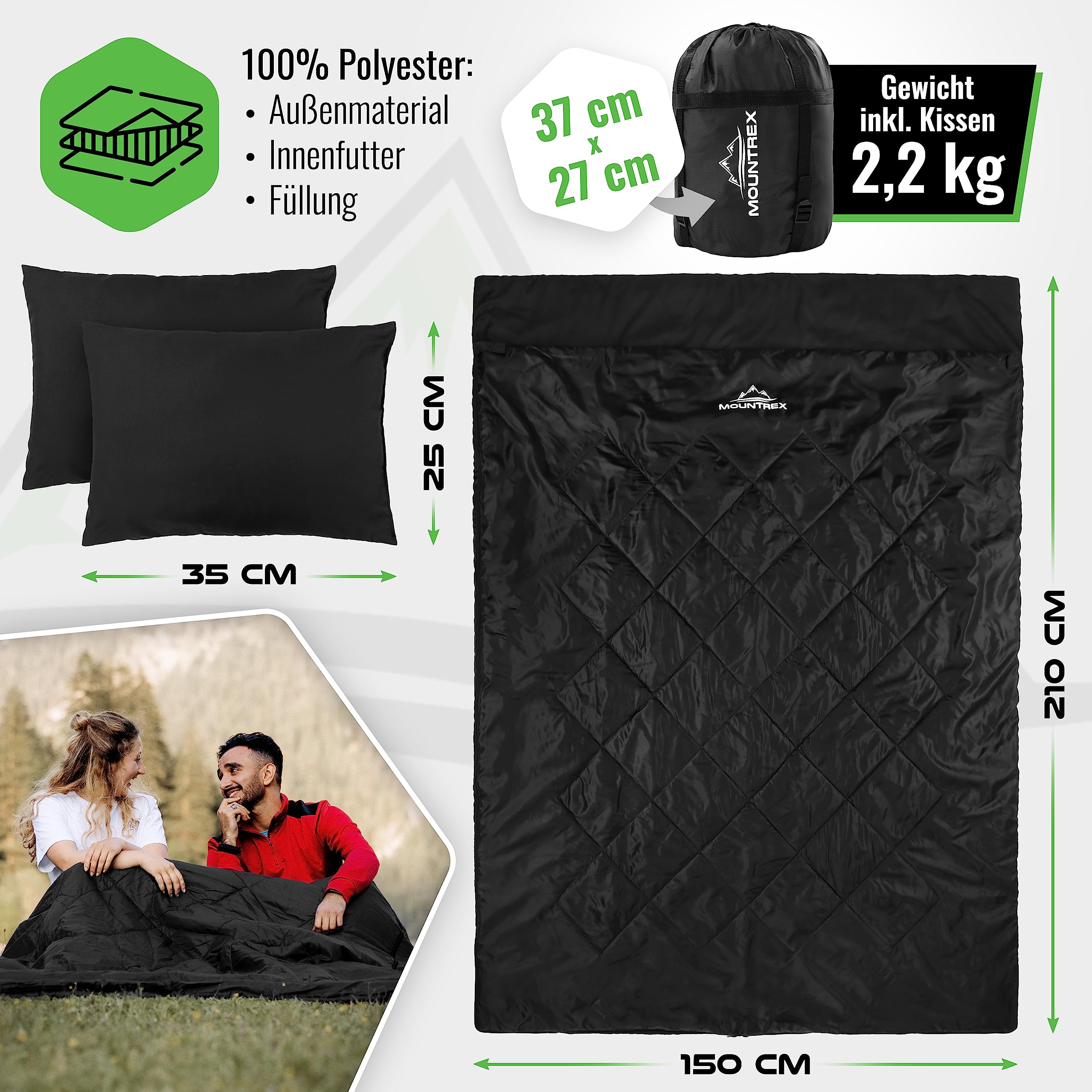 MOUNTREX Saco de dormir doble de verano para 2 personas (210 x 150 cm), saco de dormir XXL de verano con 2 almohadas para adultos, camping, exterior e interior