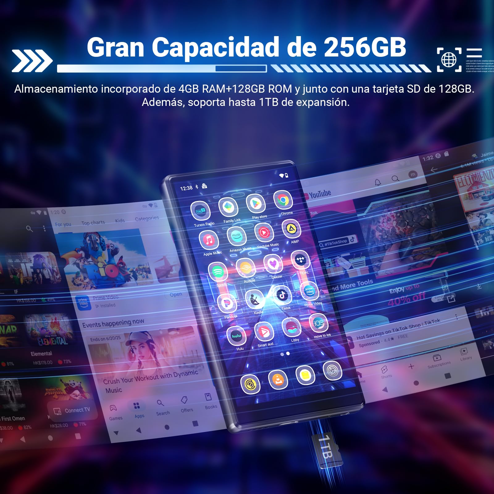 MECHEN 256GB Reproductor MP3 Spotify, Bluetooth WiFi Android 13 MP4 Player, Pantalla IPS de 5,0 Pulgadas 1080P, Audible Deezer Amazon Music Preinstalado (X56-D)