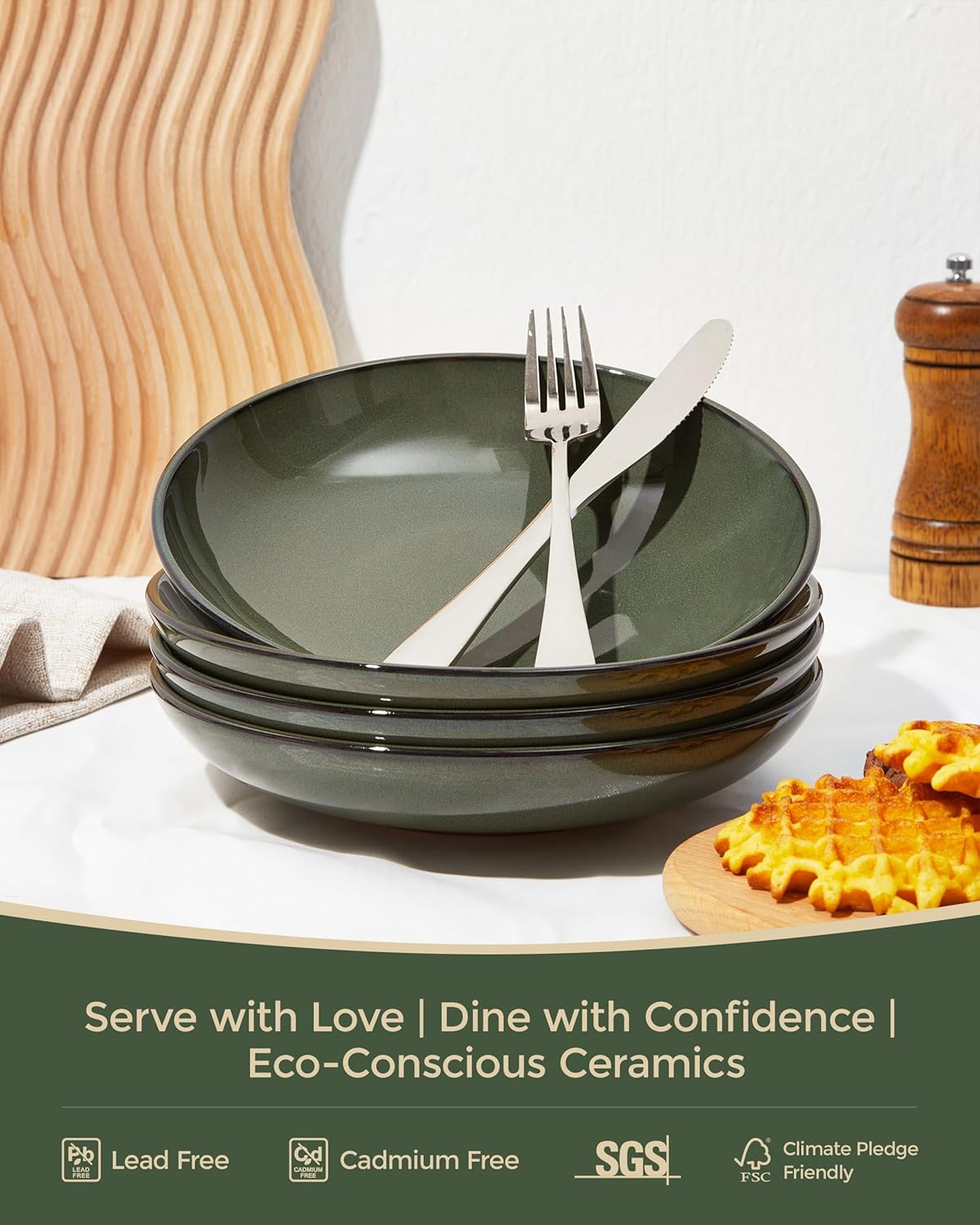 Pasta Bowls Set of 4, Reactive Glaze Salad Bowl 30 oz, Microwave & Dishwasher Safe, Large Wide Serving Bowls for Fruit/Soup/Noodle/Dessert, Blackish Green - Image 3