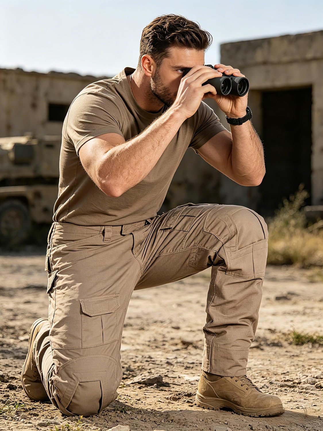 Tactical Camo Cargo Pants for Men - Outdoor Hiking Ripstop Work Pants with Multi Pockets - No Belt, No Kneepad
