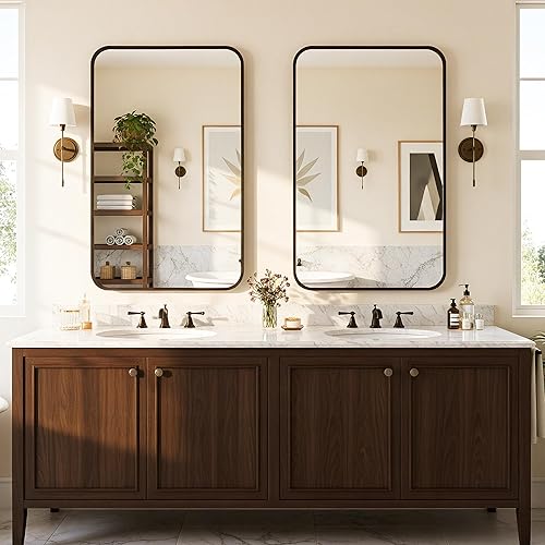 Miniatura 3 de Antok Paquete de 2 espejos de baño, espejos de doble pared de 22 x 30 pulgadas, espejo decorativo, marco de aleación de aluminio, colgante