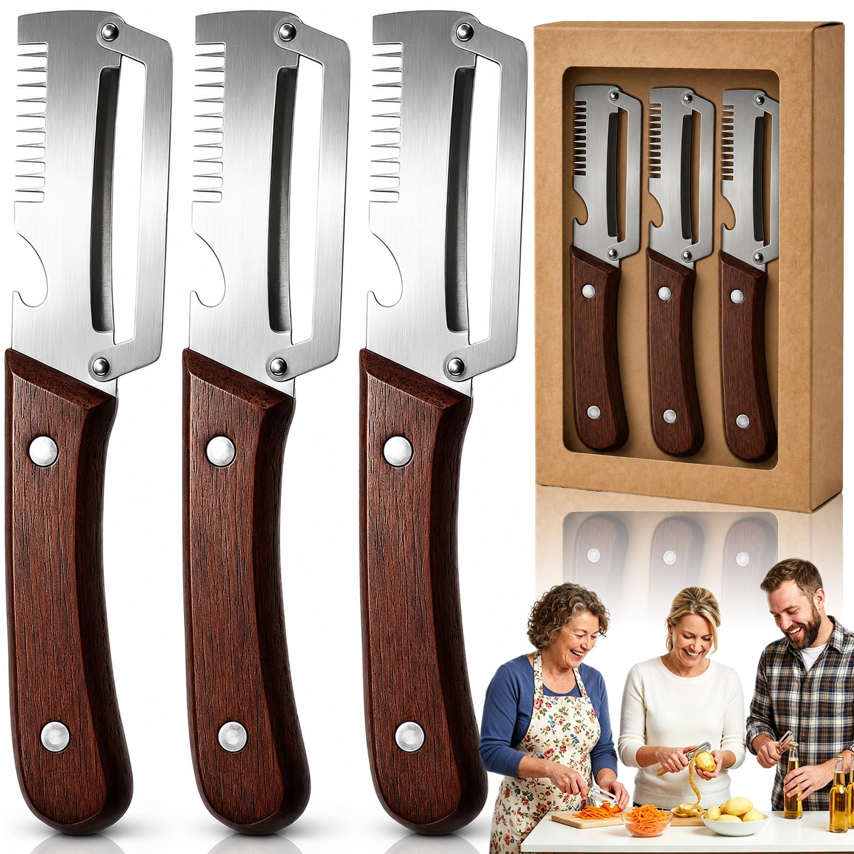Elite Gourmet Peeler, Elite Gourmet Knives, Vegetable Peeler & Bottle Opener & Julienne Peeler with Ergonomic Non-Slip Wooden Handle for Fruit Pumpkin Peeling Potato Veggie Peeler (3 Pcs A)