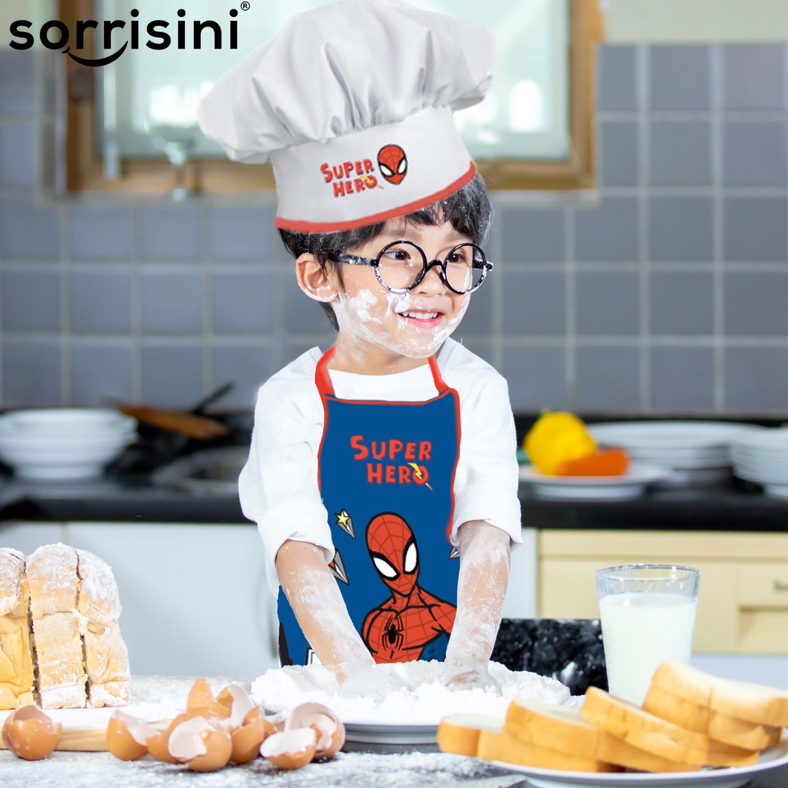 Fartuch kuchenny dla dzieci, Kapelusz szefa kuchni dla dzieci, Fartuch i regulowany kapelusz szefa kuchni do gotowania, Pieczenia lub malowania, Spiderman City