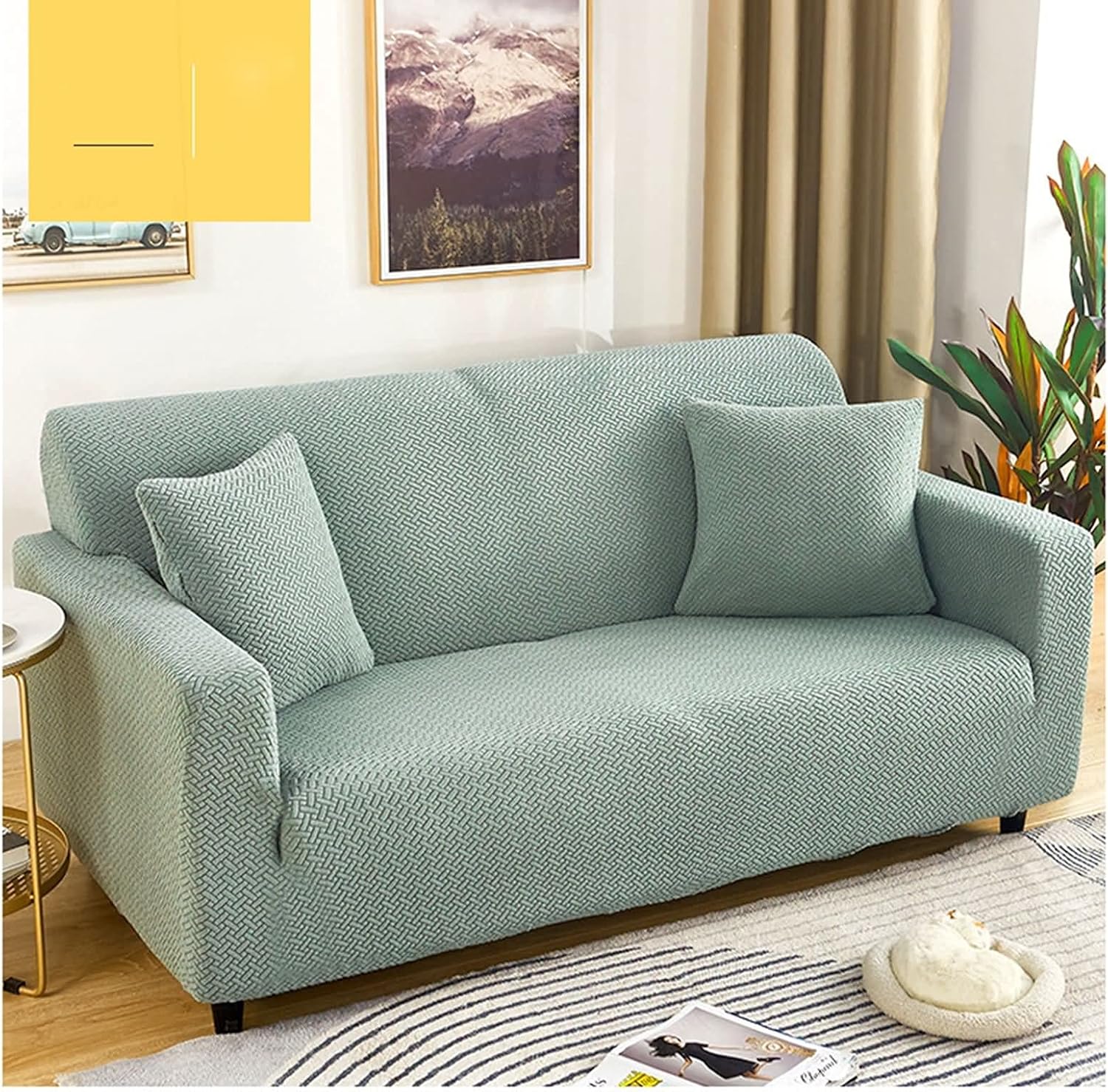Daesar Stretch Loveseat Sofa Cover, Couch Slipcovers for 3 Cushion Couch Solid Color Weave Pattern Couch Slipcover Light Green (Polyester 3 Seater)