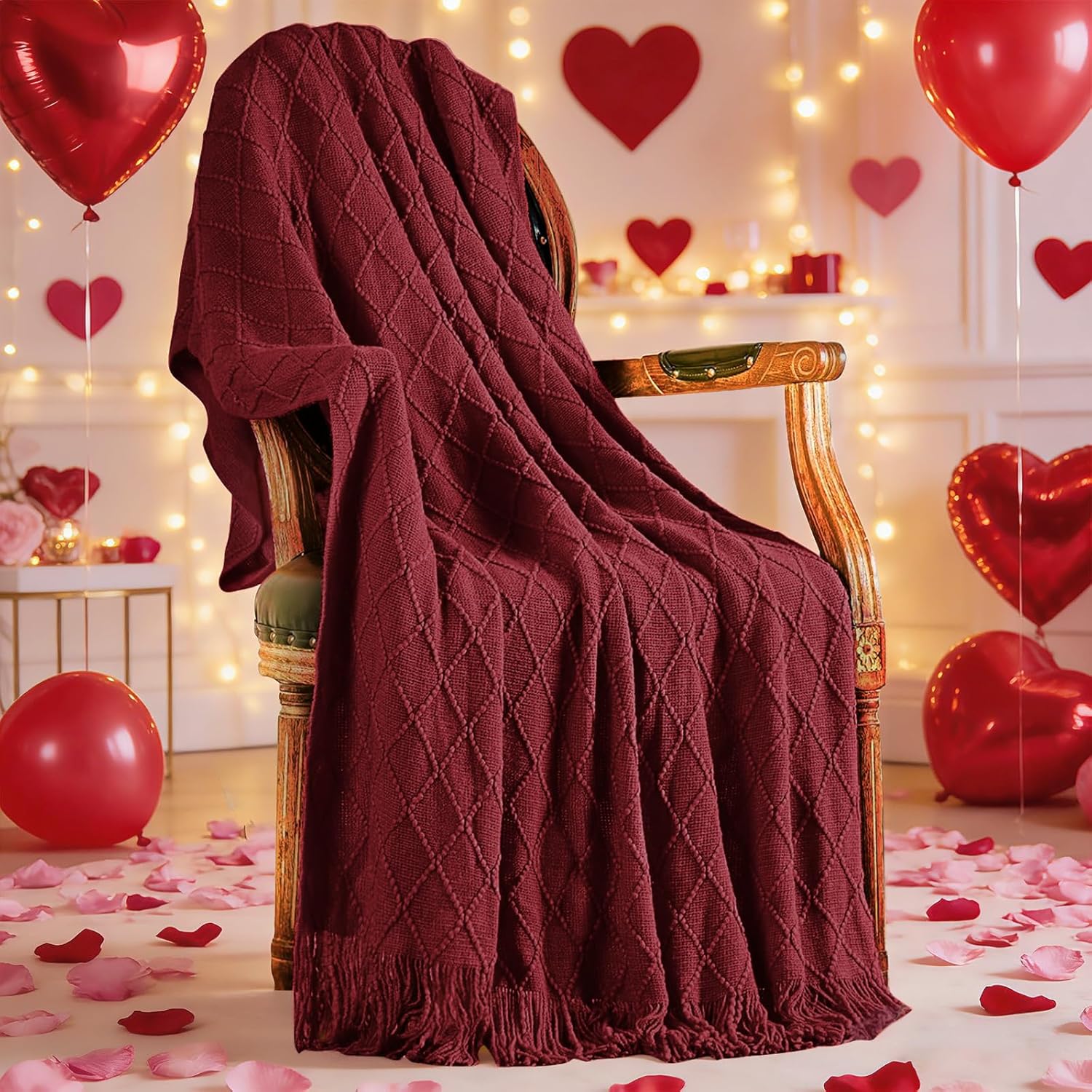inhand Knitted Gifts Claret Throw Blankets for Couch,Valentines Day Red Decor for Her Him Girlfriend Wife, Romantic Lightweight Decorative with Tassel, Farmhouse Warm Woven for Women,50"x60"