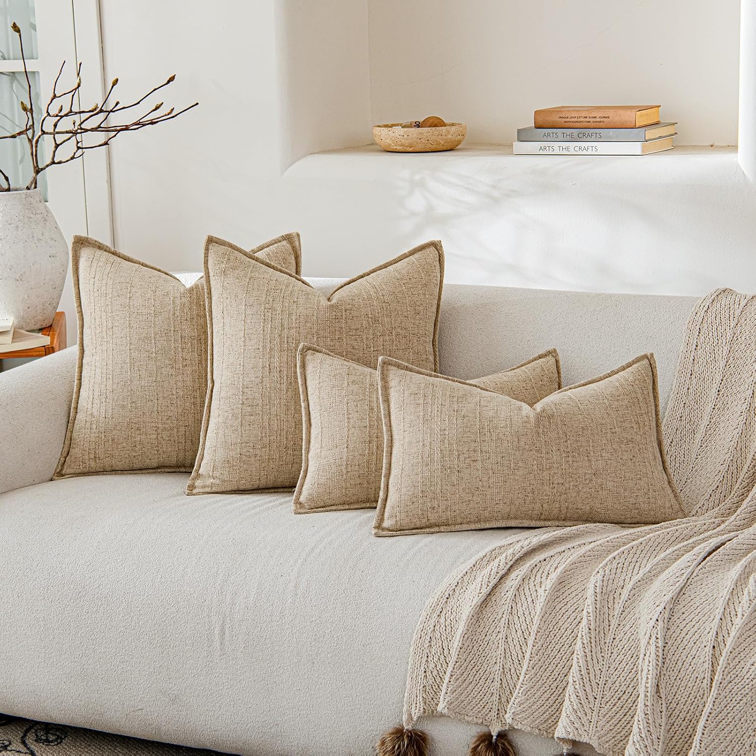 a moment Linen Pillow Covers Set of 2,Boho Farmhouse Throw Pillowcases Neutral Textured Decorative Covers for Couch Sofa Bed, Soft Linen Blend Accent Case Cushion Living Room Home Decor 20"x12"Khaki - Image 6