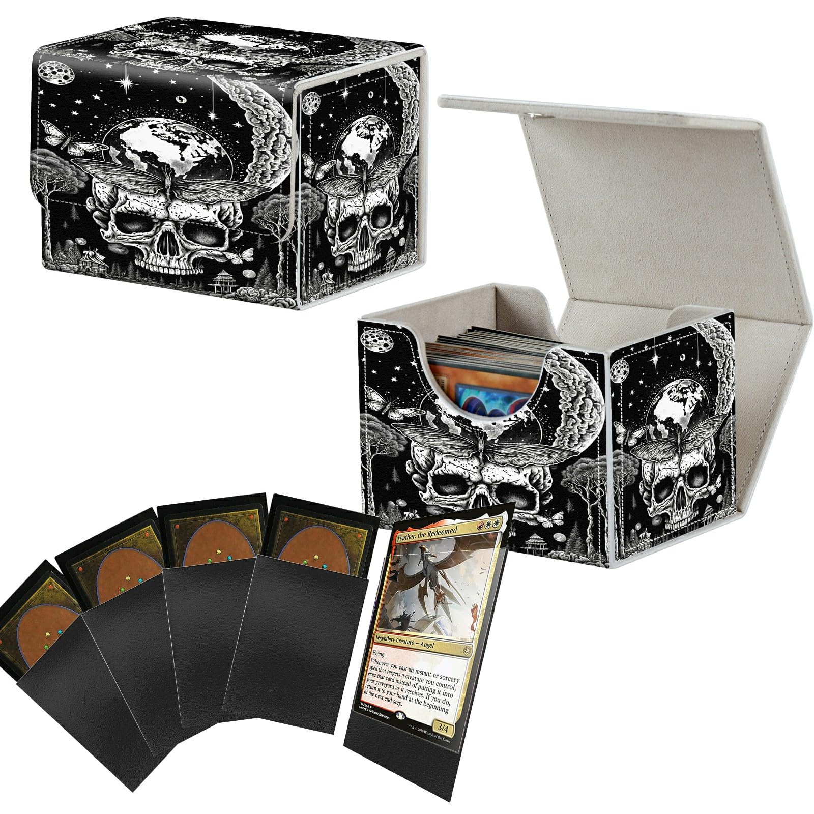 Card Deck Box with 100 Pack Sleeves 2PCS, MTG Commander Deck Box for Trading Cards, 100+ Sleeved Cards with PU Leather Magnetic Card Storage Box for Single Sports TCG CCG, Skull Moon Butterfly