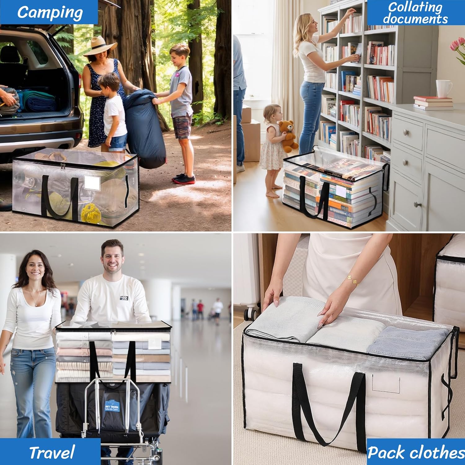 BLIRITEL Clear Extra Large Moving Bags,Heavy-Duty Waterproof Storage Tote Bag with Reinforced Handles & Zippers,Transparent Organizer for Clothes,Bedding,Dorm,Moving (Clear - 1 Pack, 88L)