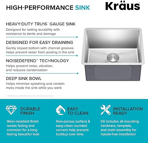 Vista 30 de Kraus KHU101-24L Standart PRO 24-inch Undermount 16 Gauge Single Bowl Laundry and Utility Sink, 24 Inch, Tight Radius