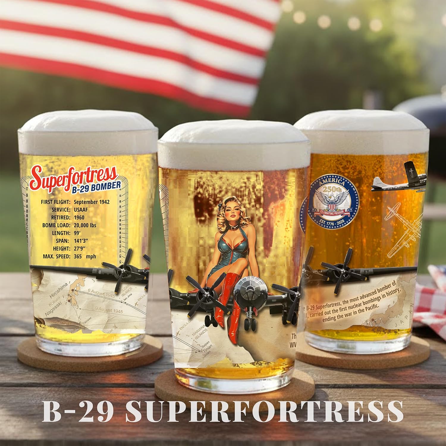 250th Anniversary Pint Glasses Set, America 250 Merchandise Patriotic Cups, USA 250 Gift, Beer Glasses Pint Glass 16oz (Legendary Aircraft Set of 6 - F35, B29, B17, B25, P51, F4U, 6, Pints)