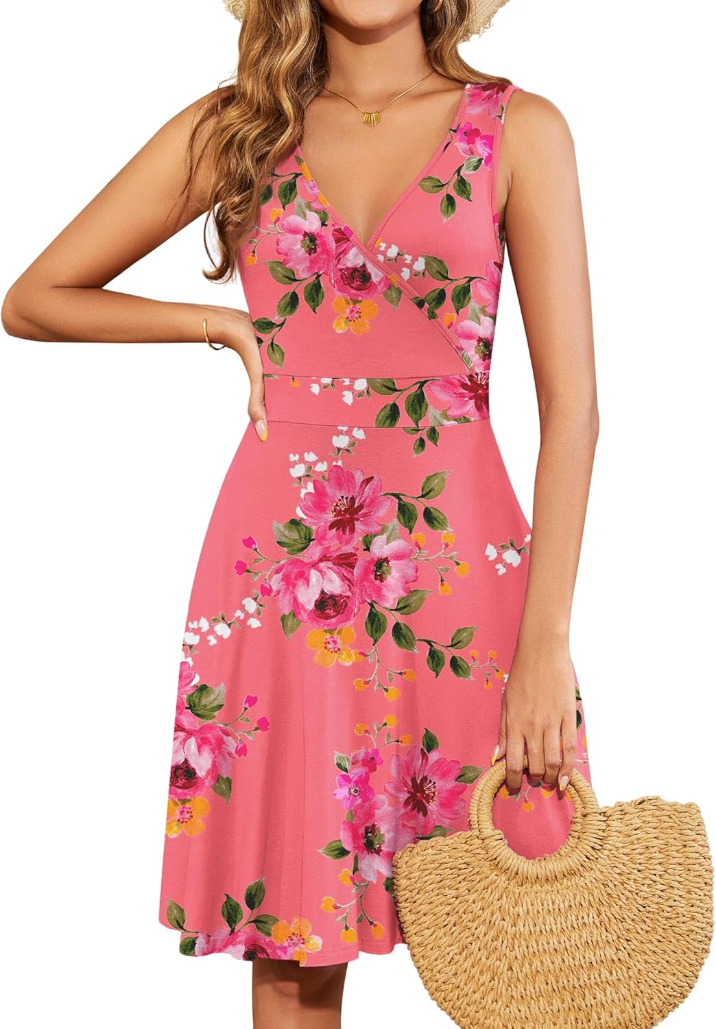 WEACZZY Summer Dresses for Women V Neck Wrap Sundress Sleeveless Flowy Tank Dress Beach Holiday Sundresses with Pockets