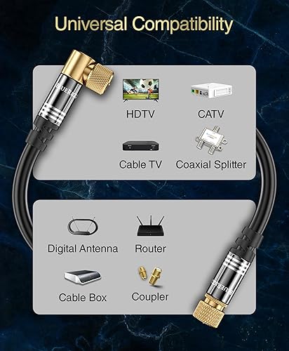 Miniatura 4 de BlueRigger Cable coaxial RG6 (15 pies, ángulo de 90 a macho recto tipo F, chapado en oro, triple blindado)  Cable coaxial de audio digital y video