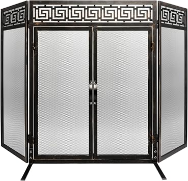 3-Panels Steel Fireplace Screen with Doors - Heavy-Duty, Heat-Resistant, and Rust-Proof - Decorative Mesh Brushed Bronze Finish, 32in Height