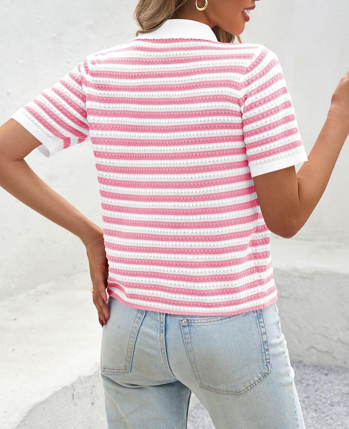 Saodimallsu Womens Striped Short Sleeve Sweater Tops Polo Collared Button Crochet Summer Cropped Cardigan - Image 5