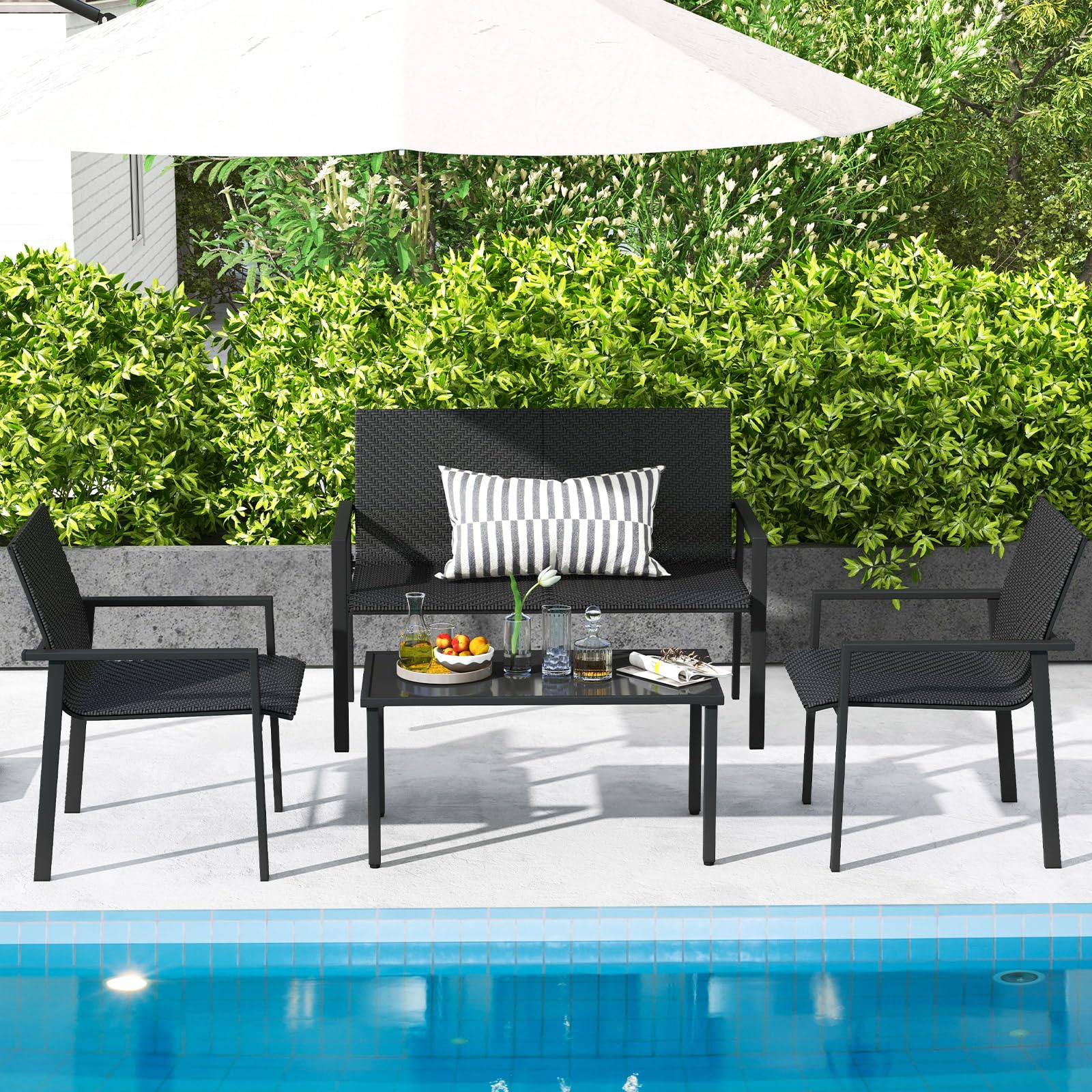 GYMAX Juego de muebles de jardín de ratán, juego de 4 piezas para terraza, incluye 2 sillas, 1 sofá y 1 mesa de café, juego de muebles de terraza, juego de muebles de balcón para balcón, piscina y