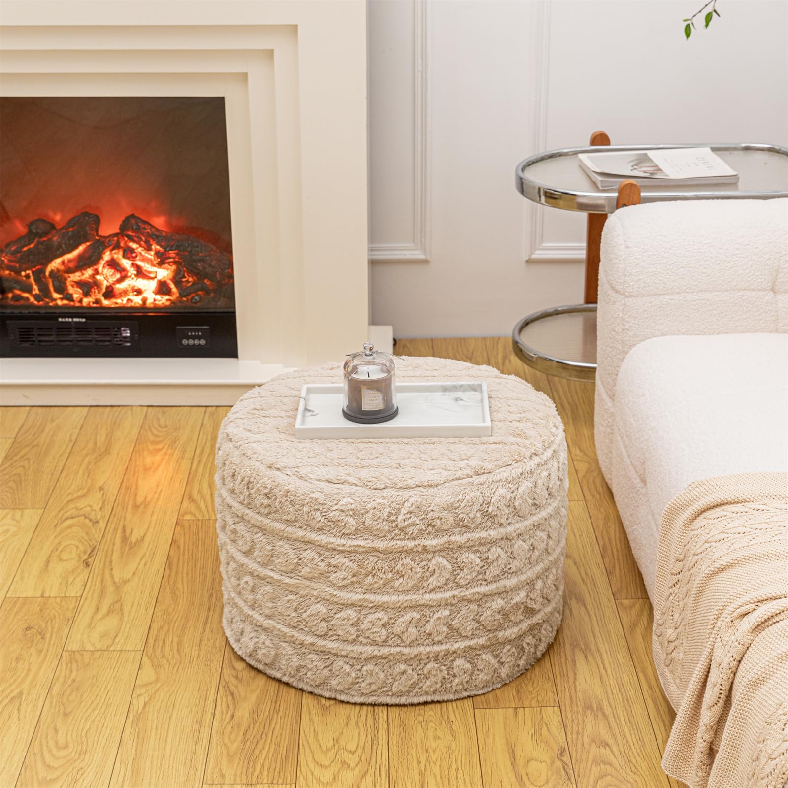 Round Pouf Ottoman Foot Rest 20x14 Inches Soft Heart Printed Footstool Ottomans for Living Room Comfort Floor Pouf Modern Foam Stuffed Poofs Perfect to Rest Your Feet for Couch Desk Light Coffee